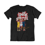 Camiseta preta escrito "dont compare just appreciate" e abaixo da escrita 3 lendas da NBA abraçadas.
