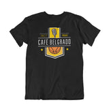 Camiseta preta com a logo da marca Café Belgrado